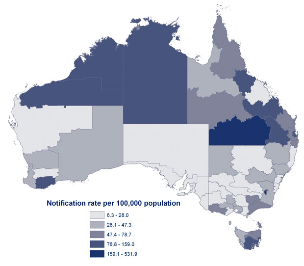 Map. Notification rates of laboratory-confirmed influenza, Australia, 2007, by Statistical Division of residence