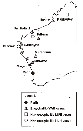 Figure. Cases of Murray Valley encephalitis, Western Australia, 1 January to 20 August 2000, region