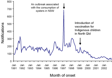 Figure 19. Trends in notifications of Hepatitis A, Australia, 1991 to 2002, by month of notification