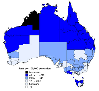 Map 2. Notification rates of salmonellosis, Australia, 2002, by Statistical Division of residence
