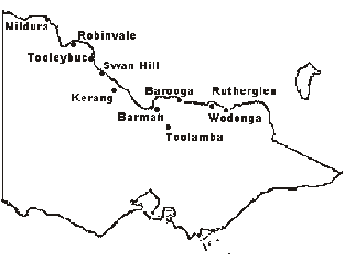Figure 4. locations of sentinel chicken flock sites in Victoria. Mildura, Robinvale, Tooleybuc, Swan Hill, Kerang, Barooga, Kerang, Barmah, Toolamba, Rutherglen, Wodonga