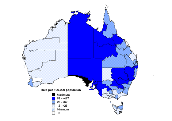 Map 6. Notification rates of pertussis, Australia, 2001, by Statistical Division of residence