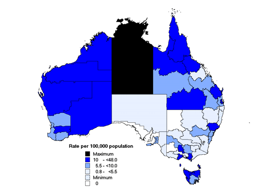Map 7. Notification rates of invasive pneumococcal disease, Australia, 2001, by Statistical Division of residence