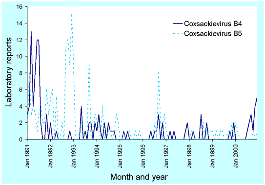 Figure 12. Laboratory reports to LabVISE of coxsackie B4 and B5 viruses, 1991 to 2000, by month of specimen collection