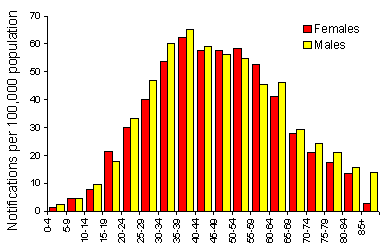 Figure 25. Notification rate of Ross River virus infection, 1997, by age group and sex