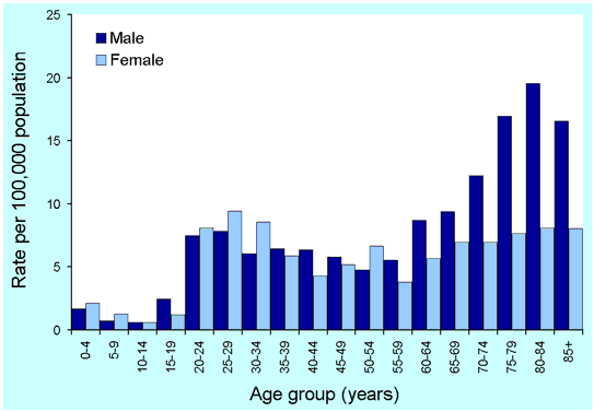 Figure 2. Incidence rate of TB Australia, 2000, by age and sex