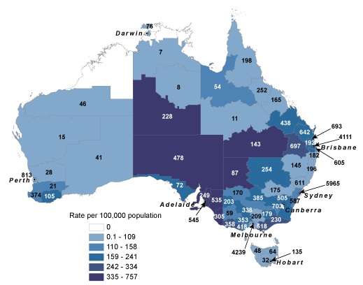 Rates and counts for pertussis, Australia, 2010, by Statistical Division and Statistical Subdivision of residence in the Northern Territory