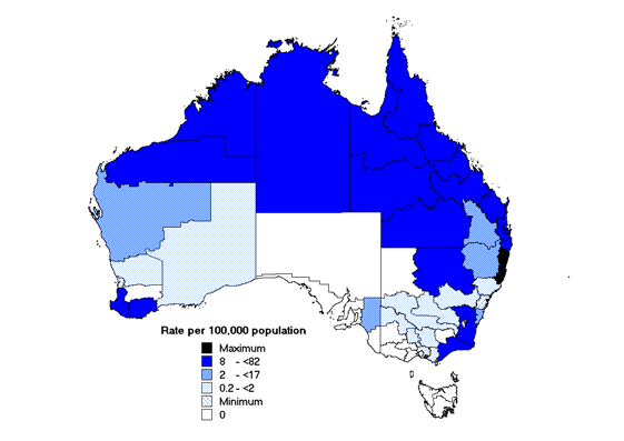 Map 8. Notification rates of Barmah Forest virus infection, Australia 2001, by Statistical Division of residence