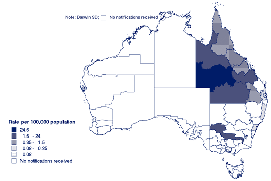 Map 9. Notification rates of brucellosis, Australia 2004, by Statistical Division of residence