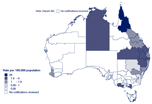 Map 10. Notification rates of leptospirosis, Australia, 2004, by Statistical Division of residence