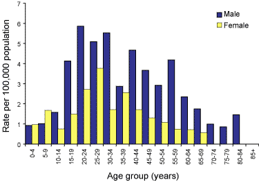 Figure 53. Notification rates of malaria, Australia, 2002, by age group and sex