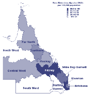 Figure 6a. Geographic distribution of notified cases of Bamah Forest virus infection in Queensland, Australia, April to June 2003