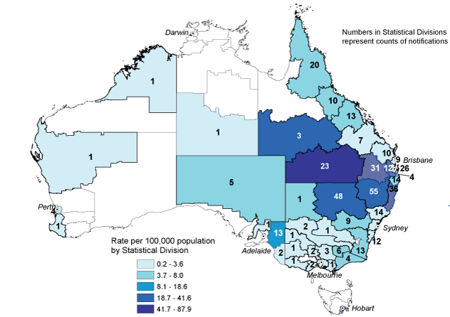 Map 11:  Notification rates for Q fever, Australia, 2007, by Statistical Division of residence and Statistical Subdivision for the Northern Territory