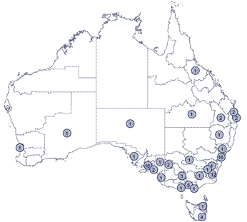 Map. Geographic distribution of ASPREN sentinel general practice sites, Australia, 2003