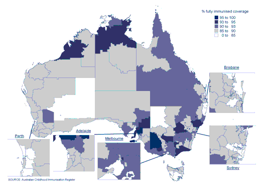 Figure 19:  'Fully immunised' coverage at 6 years of age, Australia, 2008, by Statistical Sub-Division