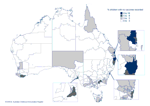 Figure 21:  Proportion of children with no vaccines recorded on the ACIR, Australia, 2007 (cohort born 1 January 2001 to 31 December 2006)