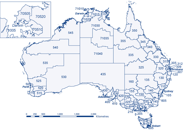 Map 1:  Australian Bureau of Statistics Statistical Division codes, Australia, and Statistical Subdivision codes, the Northern Territory, 2007