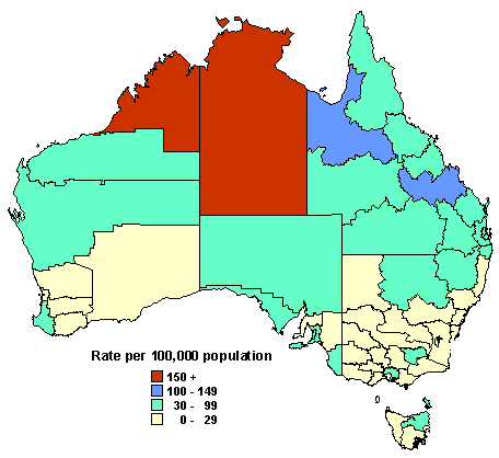 Map 4. Notification rate of salmonellosis, 1997, by Statistical Division of residence