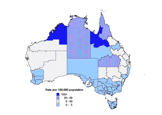 Map 5. Notification rates of syphilis, Australia, 2000, by Statistical Division of residence
