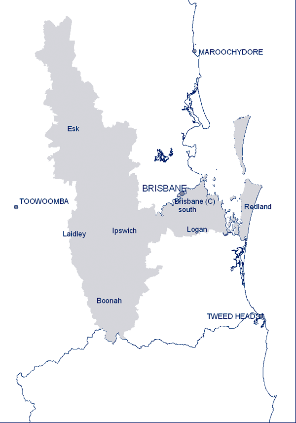 Figure 1:  The geographical area covered by the Brisbane Southside Public Health Unit (shaded blue)