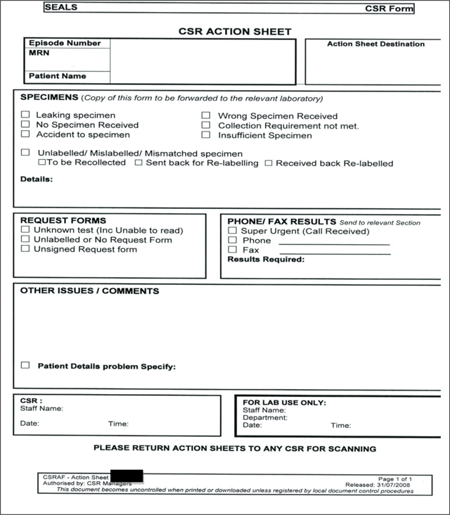 Appendix I – CSR error log sheet used for the paper-based documentation of errors (in use until 21 September 2009)