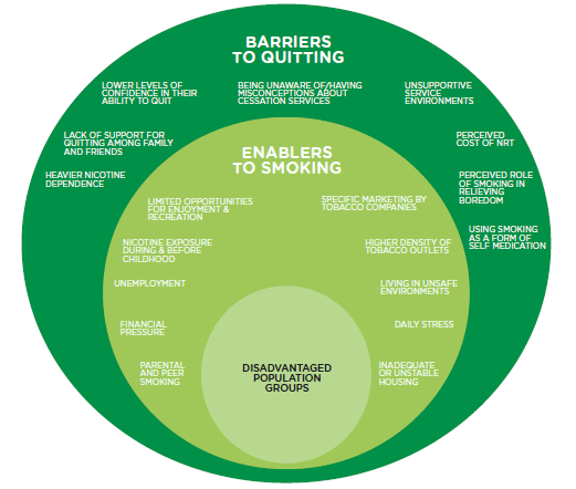 FIGURE 1: ENABLERS TO SMOKING AND BARRIERS TO QUITTING IN DISADVANTAGED POPULATION GROUPS
